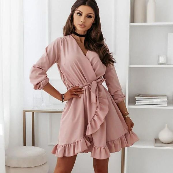 

casual dresses autumn elegant ruffles sashes mini women 2021 fashion deep v-neck long sleeve pink a-line dress woman party, Black;gray