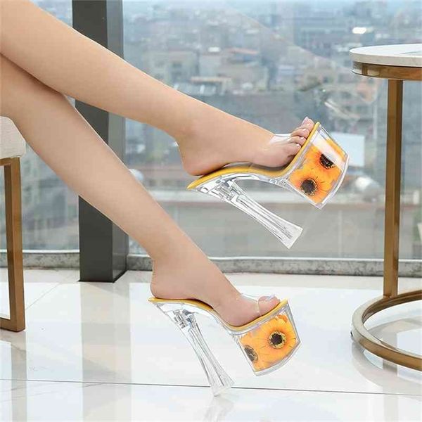 

women model thick super high heels 17cm sunflower waterproof fishmouth sandals transparent crystal shoes wedding sho 210417, Black