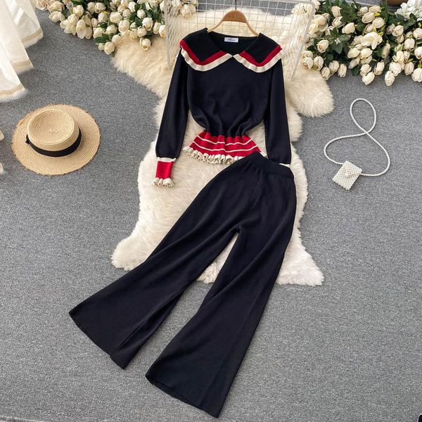 

women's two piece pants 2021 autumn winter 2 pieces set women knitted tracksuit hit color sailor collar ruffle sweater &wide leg pullov, White