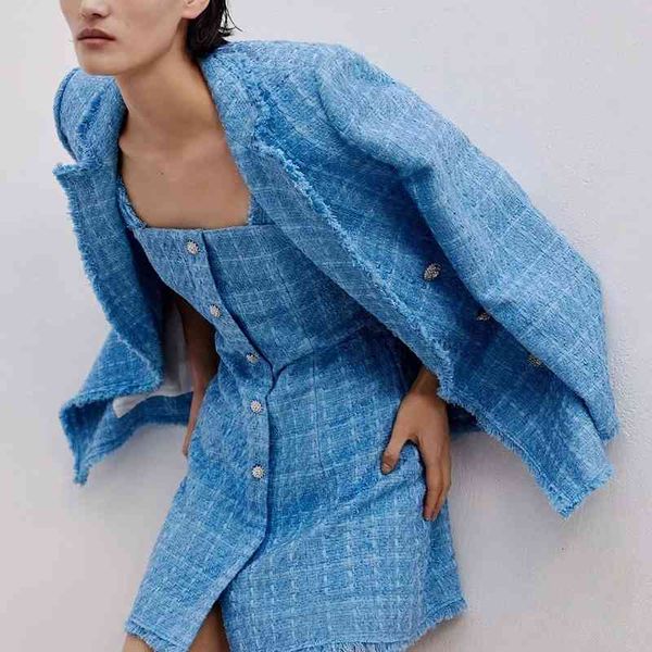 

zxqj tweed women elegant blue blazers fashion ladies vintage loose blazer jackets casual female streetwear suits girls chic 201013, White;black
