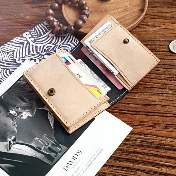 

card holders 100% genuine leather holder for men male vintage handmade short business id box small wallet purse case, Brown;gray