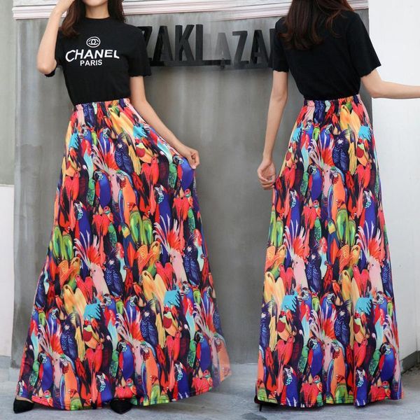 

skirts long max women for spring autumn digital printed flower high waist skirt fashon a line pleated femme, Black