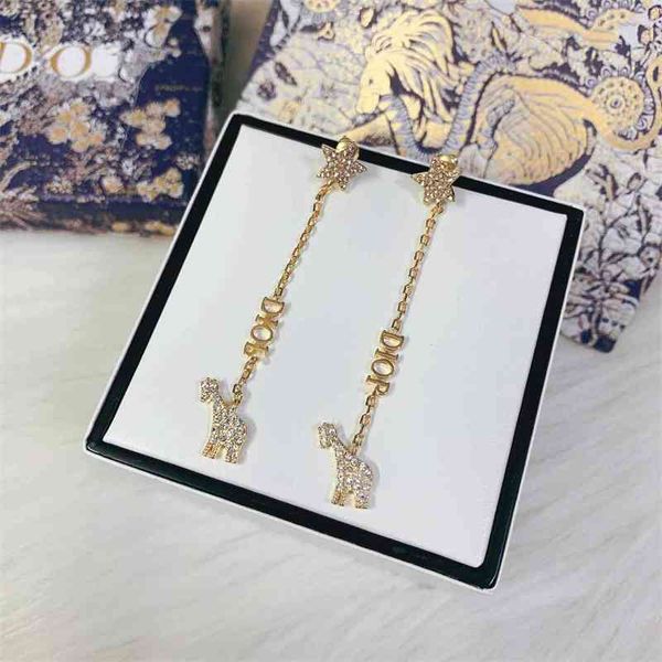 

70% off outlet online diamond star long tassel giraffe earrings, Golden
