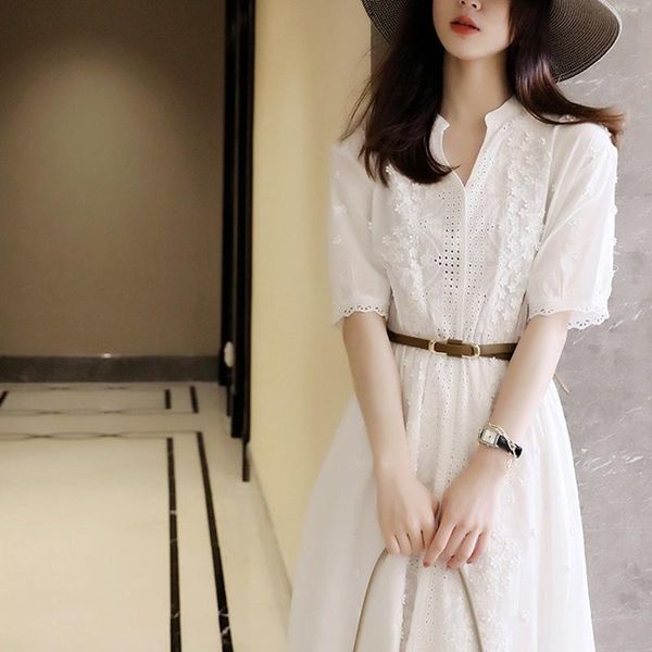 

casual dresses 2021 summer high end first love white v-neck dress for french fairy, Black;gray