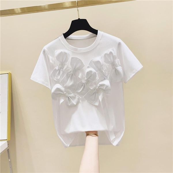 

women's t-shirt three-dimensional bow decoration short-sleeved cotton for women 2021 summer korean loose trendy, White