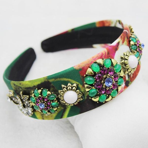 

hair clips & barrettes 2021 autumn and winter catwalk baroque grade crystal flower retro green headband wide hairpin headdress printing 0939, Golden;silver