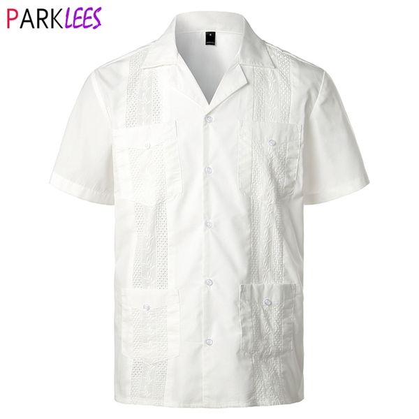 

white cuban camp guayabera shirt men stylish embroidered woven button-down shirts mens mexican caribbean style beach 2xl 210809, White;black