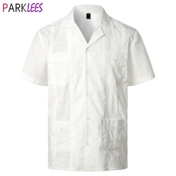 Camisa cubana branca Guayabera Camisa Homens Elegante Bordado Tecido Button-Down Mens Mexican Caribe Estilo Praia 2XL 210809