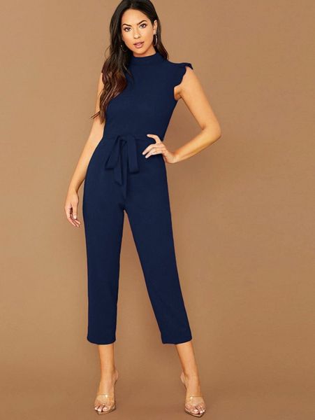 

mock-neck ruffle cuff self belted jumpsuit 95gd#, White