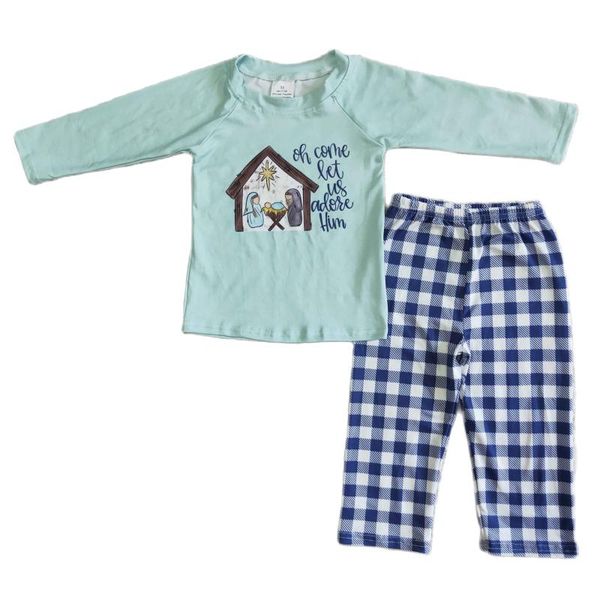 

clothing sets wholesale baby boys christmas birth of jesus outfits kids children holiday long sleeve tee shirt pants 2pcs, White