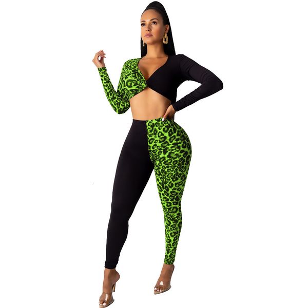 

colorful leopard panelled sets spring autumn long sleeves short t shirt and ny pants nightclub sports two pieces outfits, White