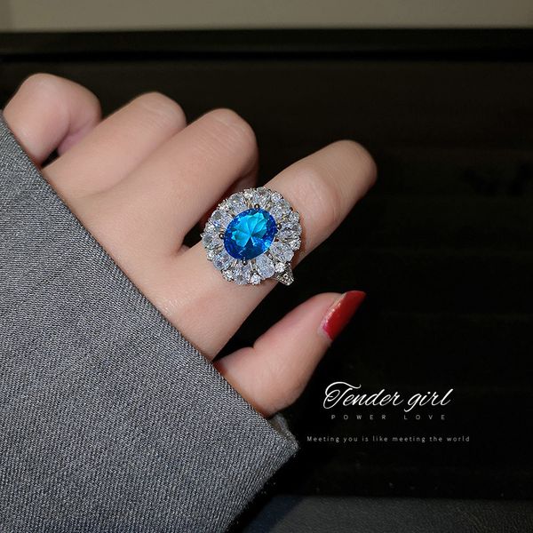 

diamond inlaid blue zircon flower opening ring fresh design court style ring fairy fashion index finger ring, Silver