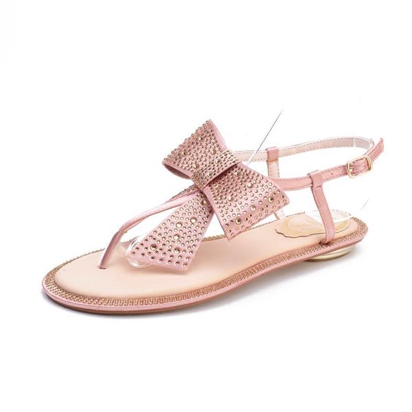 

summer sandals women holiday 2021 korean version of rhinestones bowknot beach shoes t-type gladiator buckle pink red, Black