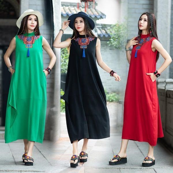 

casual dresses elegant women print flower dress loose sleeveless party gown causal ladies streetwear chinese style tassel robe vestidos, Black;gray