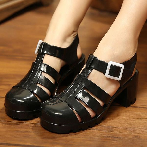 

fashion high heel jelly shoe sandals 2021 summer women buckle strap transparent platform square, Black