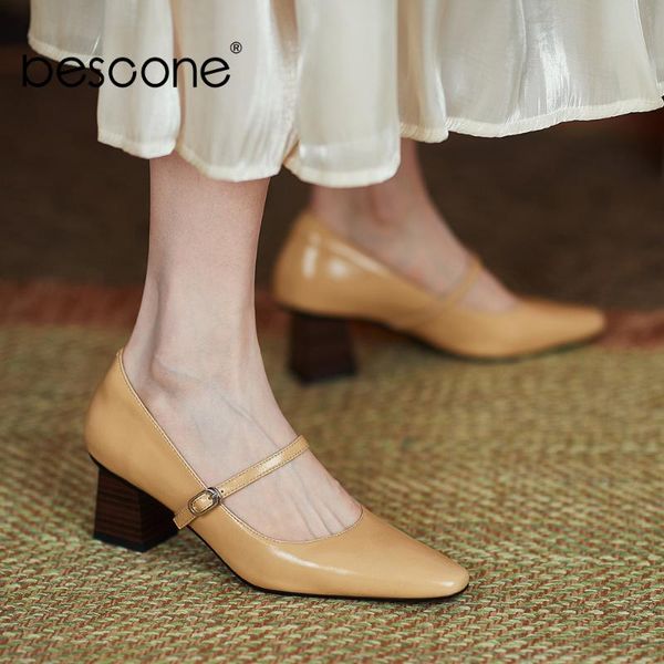 

women shoes leisure mary janes genuine leather square toe buckle strap thick heel fashion office lady pumps bo893 dress, Black