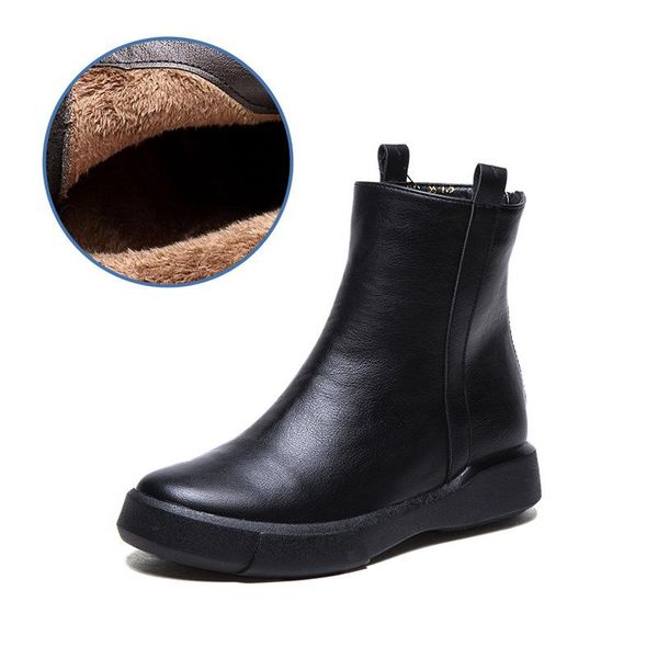 

boots fujin 2021 large size genuine leather retro platform soft women winter warm zipper plush motorcycle booties ankle shoes, Black