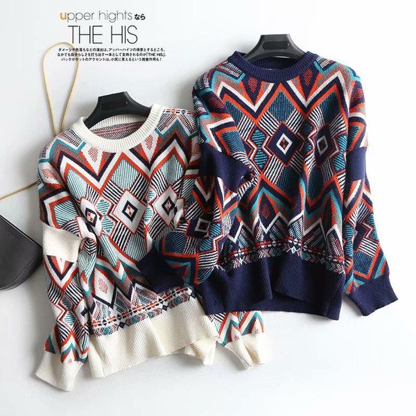 

geometric women pullover knitted sweater folk autumn winter jumper oversized long sleeve thicken korean clothes loose warm women's swea, White;black