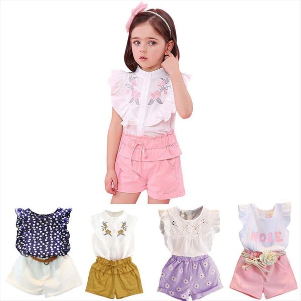 

girls suits summer style kids beautiful floral flower sleeve children o neck clothing shorts suit 2pcs clothes, White