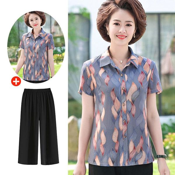 

women's blouses & shirts short mother summer sleeve shirt 50 year old woman chiffon high end two piece suit foreign style, White