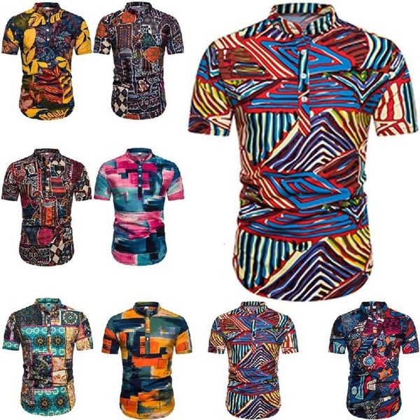 

men's shirt pl combination collar men's vertical short sleeve ethnic style series printed shirt, White;black