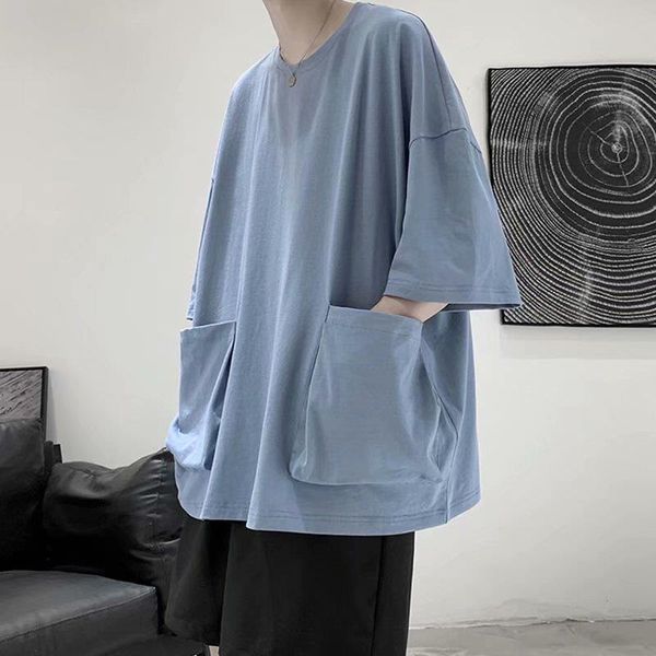 

japanese ins big pocket summer men's round neck short sleeve t-shirt korean student trend versatile 5.5 sleeves t-shirts, White;black