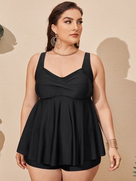 

plus solid twist front bikini swimsuit i1hn#, Black