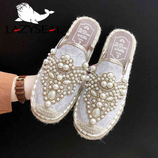 

lazyseal new string bead half slippers spring slides women shoes pearl hemp flat heel shoes women cotton fabric lace mules shoes k722, Black