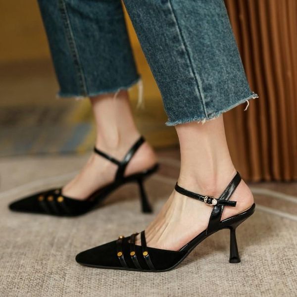 

sandals black women ankle strap 2021 summer fashion studded 7cm high heels outdoor ladies party shoes femmes chaussures