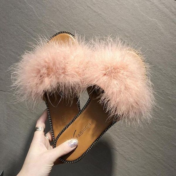 

slippers summer furry women plush sandals ostrich fluffy sliders home outdoor slides beach ladies flat shoes woman, Black