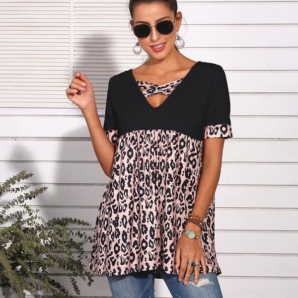 

women's clothing summer fashion leopard splicing printing short sleeved loose dress t shirt supply maternity t-shirt, White