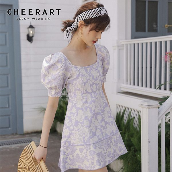 

vintage puff sleeve purple square neck dress short floral jacquard women summer a line mini 210427, Black;gray