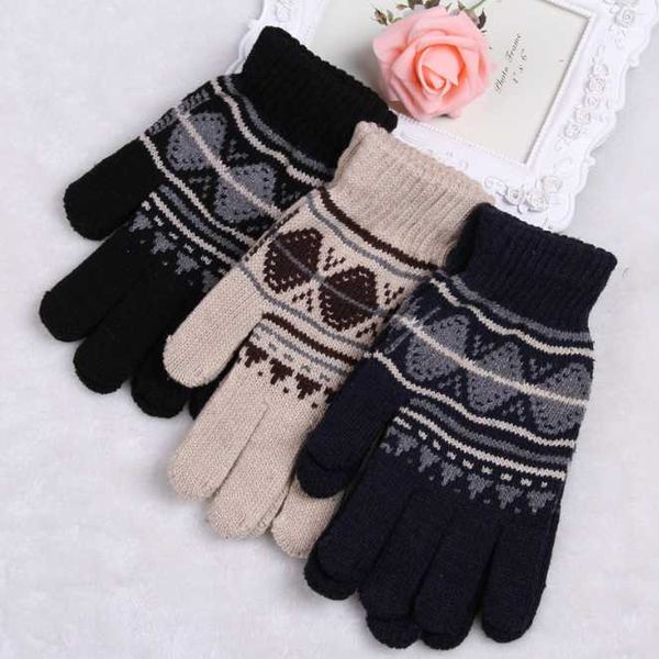 

five fingers gloves knitted stall winter plus velvet warmth full-finger touch screen reflective wool, Blue;gray
