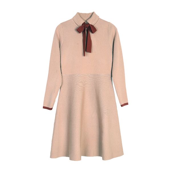 

black khaki bow patchwork knitted long sleeve knee length dress vintage autumn d0625 210514, Black;gray