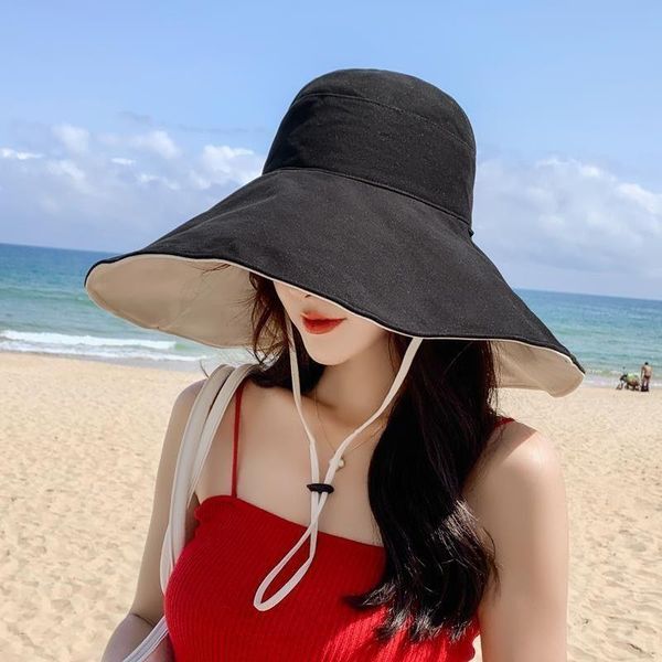 

wide brim hats women spring summer solid color double sided sunscreen cap with wind rope anti uv super size big 15cm bucket hat c187, Blue;gray