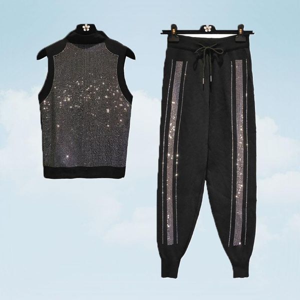 

women's tracksuits harem pants 2021 fashion wild heavy drill sleeveless vest bottoming shirt-knit high waist casual feet 2-piece set b2, Gray