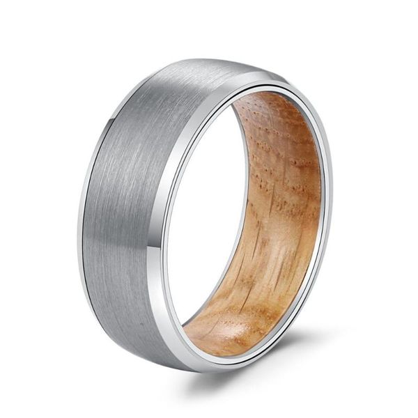 

ring for men 8 mm beveled edges matte finish wedding band inlay whiskey barrel wood cluster rings, Golden;silver