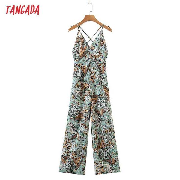 

tangada summer women print long jumpsuit backless sleeveless female casual beach jumpsuit 5t09 210609, Black;white