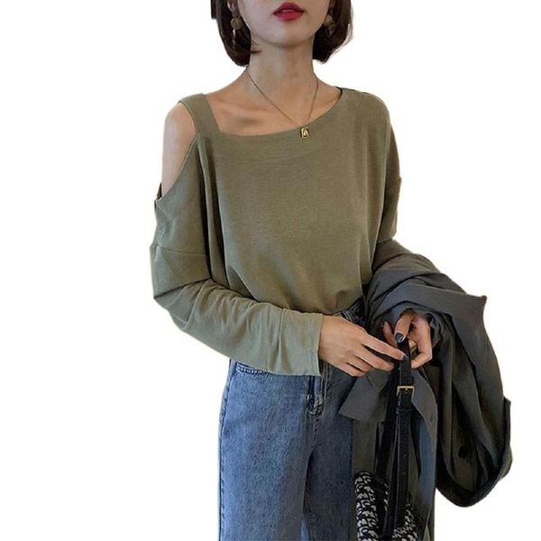 

women's t-shirt fashion irregular neck t-shirts off shoulder t shirts solid color long sleeve loose women clothing casual harajuku, White