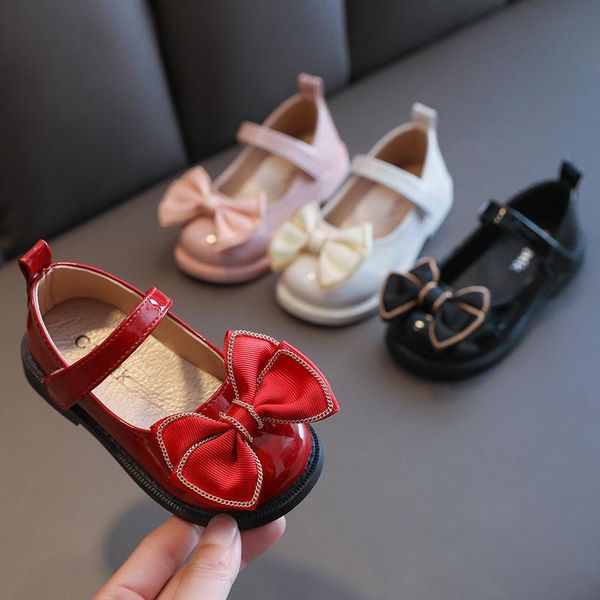 

flat shoes 2021 soft bottom children' chain leather girl single bow-knot princess party sweet, Black;grey