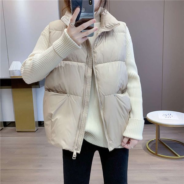 

vest women's spring and autumn off-season down jacket light sleeveless loose short stand collar outside vest, Black