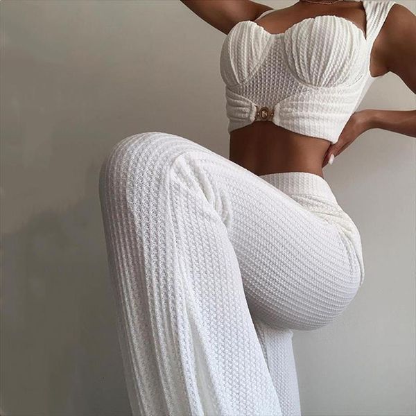 

knitted tracksuit ruched two womenpant piece set flare crop white sets summer ladies casual suits