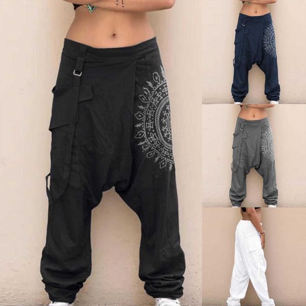 

fashion print plus size casual women pant elastic waist pockets wide leg harem pants, Black