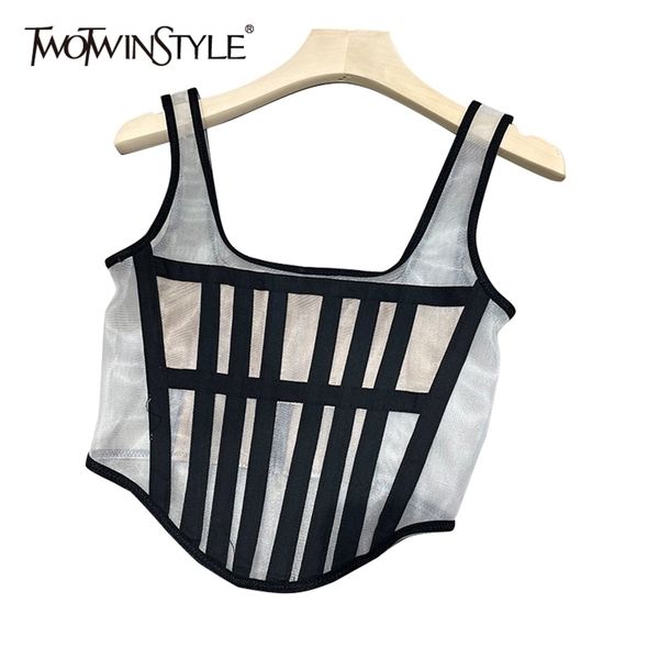 

twotwinstyle patchwork vest for women square collar sleeveless slim party short tank female fashion clothes 210705, White