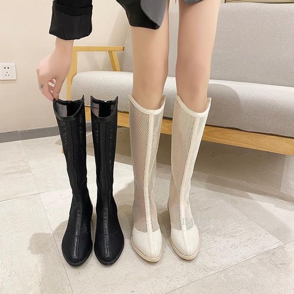 

boots summer women breathable female hollow british style short thick heel platform mesh sandals botas mujer ibnc, Black