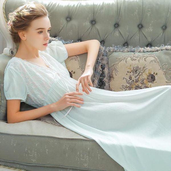 

retro palace nightdress summer women sleepwear v neck lace cotton long nightgown short sleeve nightwear plus size, Black;red