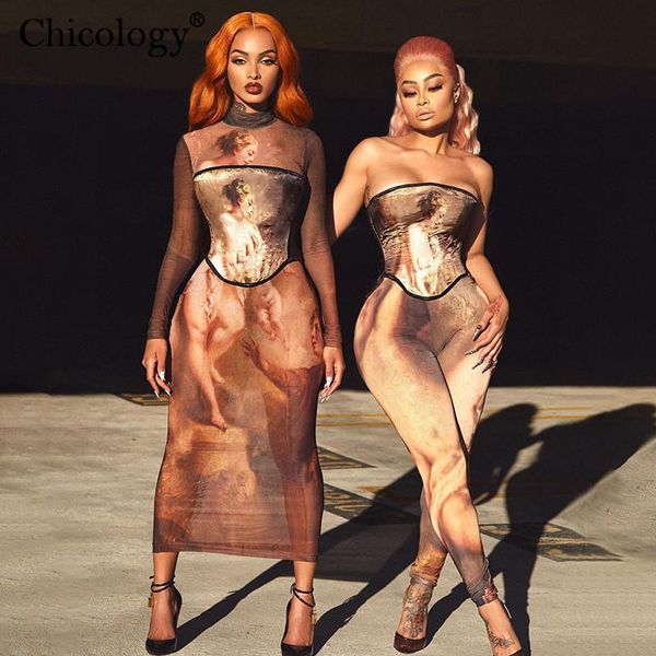 

casual dresses chicology vintage elegant print mesh midi dress 2 piece bodycon outfits women 2021 winter fall party birthday club cloth, Black;gray
