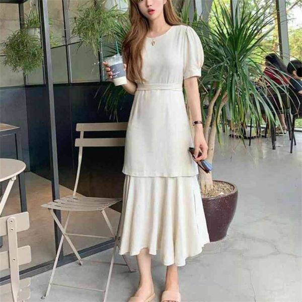 Frauen Sommer Lange Baumwolle Fischschwanz Kleid Puff Hülse Hohe Taille Vestidos Robe Femme Ete Casual Gefälschte Zwei Stück Sukienki Jurken 210331