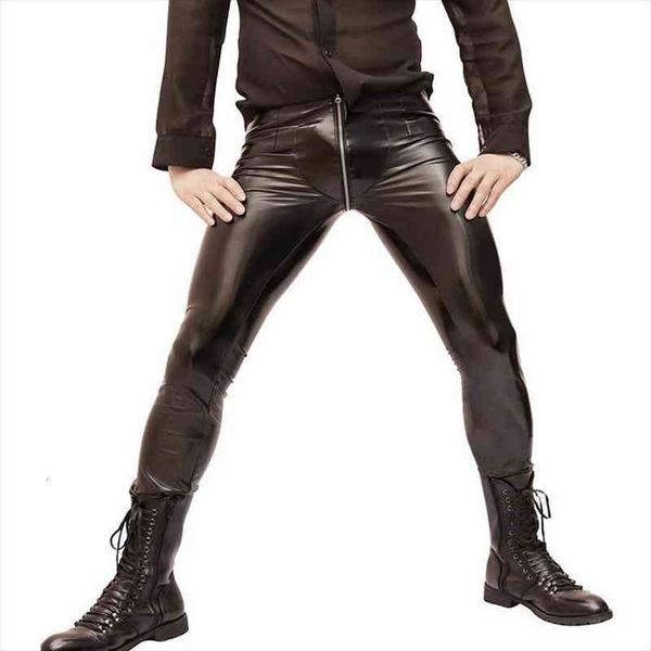 

men zipper open u crotch high elastic pvc shiny pencil pants fashion punk glossy style pencil pants gay wear, Black