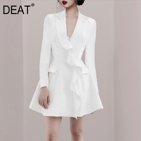 

women white ruffles above knee blazer dress notched neck long sleeve loose fit fashion tide spring autumn tb515 210421, Black;gray